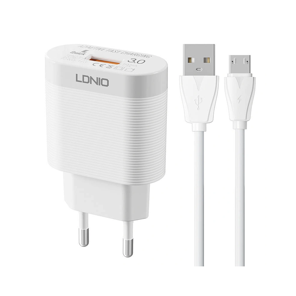 Imagem ilustrativa - Carregador LDNIO QC3.0 USB com cabo micro USB branco