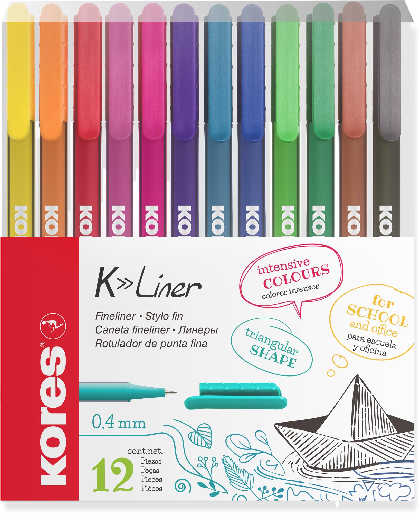 Conjunto de 12 fineliners Kores K-Liner 0,4 mm